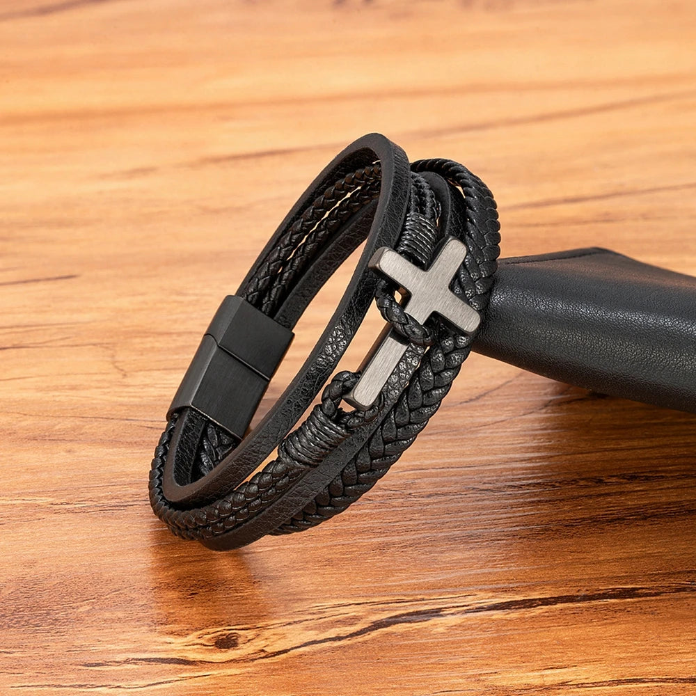 XQNI New Cross Men's Leather Bracelets Stainless Steel Magnet Clasp Charms Fashion Punk Bangle Homme Christian Jewelry Gifts