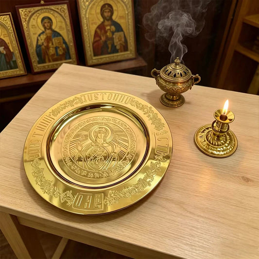 Handmade Gold Plated Orthodox Church Brass Candlestick Liturgical Tray Set Engraved Virgin Icon Religious Plate for Church Cerem