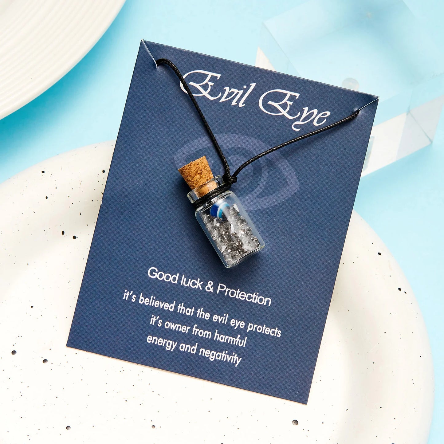 Turkish Blue Evil Eye Wishing Bottle Pendant Necklace for Women Men Black Rope Chain Necklace Good Luck&Protection Jewelry Gift