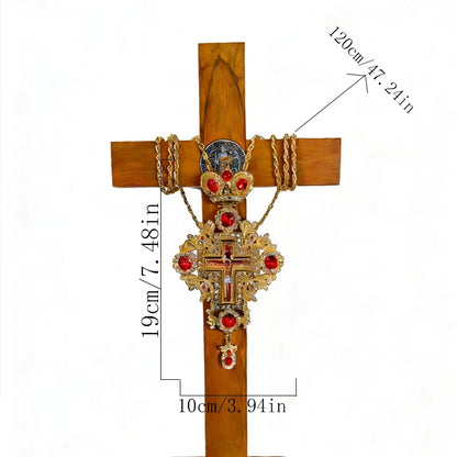 Gold Plated Orthodox Priest Pectoral Cross Necklace With Red Gems Jesus Crucifix Pendant For Clergy Church Liturgy And Religious