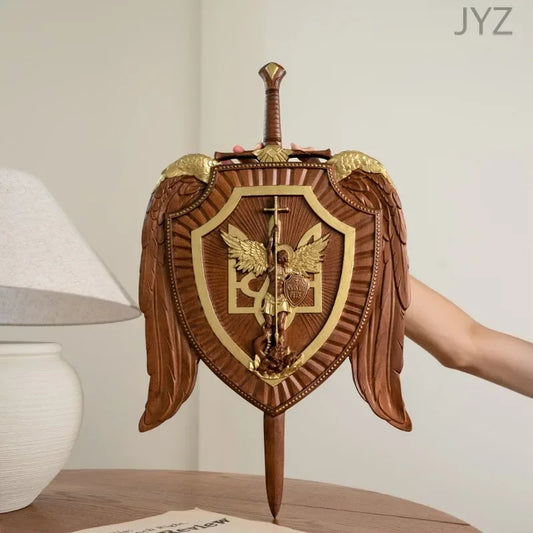 Holy Sword Archangel Michael Shield Wood Carving, Christian Wall Hanging Decoration Wooden Icon Art