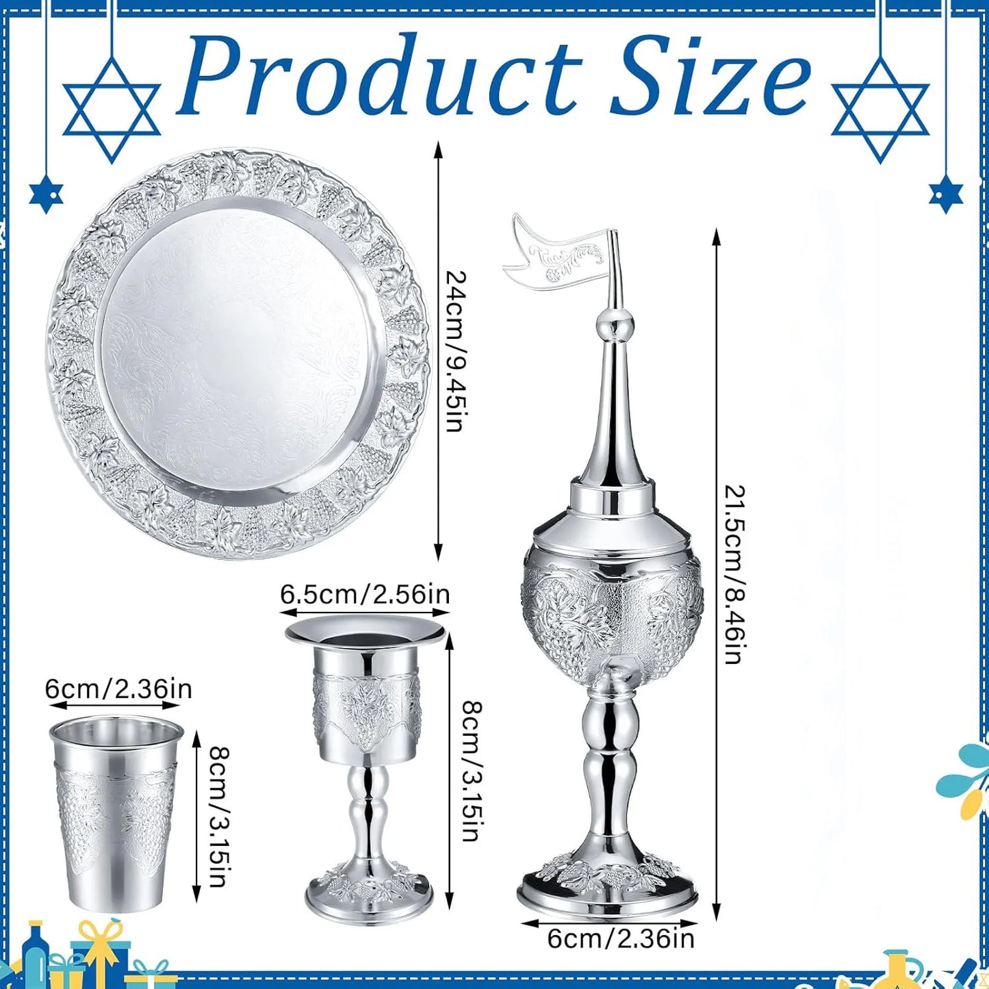 4 Pcs Shabbat Havdalah Set Grape Theme Wine Goblet Kiddush Tray Candle Holder Besamim Spice Box for the End of the Sabbath