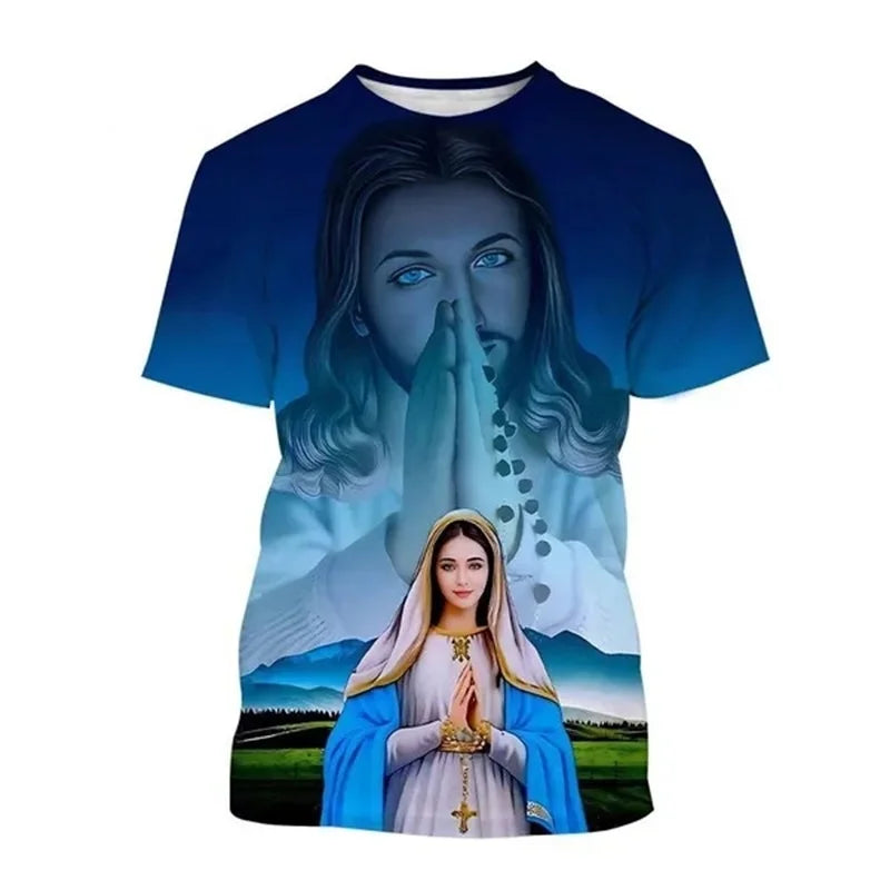 Christian Mother Of God Virgin Mary Jesus Loves Casual Tee Tops Short Sleeve Women's Men Adult and children's clothing Tshirt