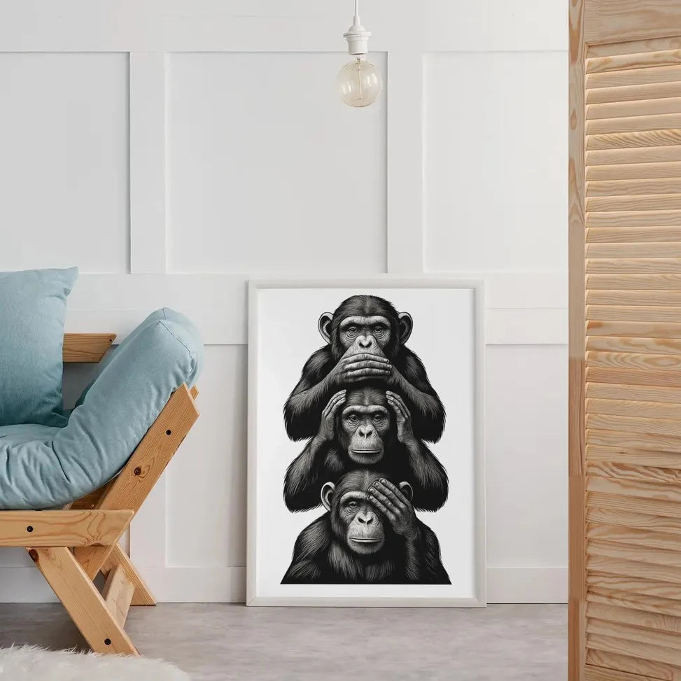 Three Wise Monkeys Wall Art, See No Evil Hear No Evil Speak No Evil Poster, Black and White Illustration, Printable Animal Decor