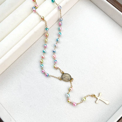 Y Shape Beads Chain Gold Color Stainless Steel Virgin Mary Cross Rosary Pendant Long Necklace Women Girls Jewelry Spiriti Pray