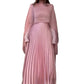 Satin O-neck Long-sleeved Dress for Women Pink Pleated Spring Summer Long Sleeve Muslim Abayas Casual Female Clothing Vestidos