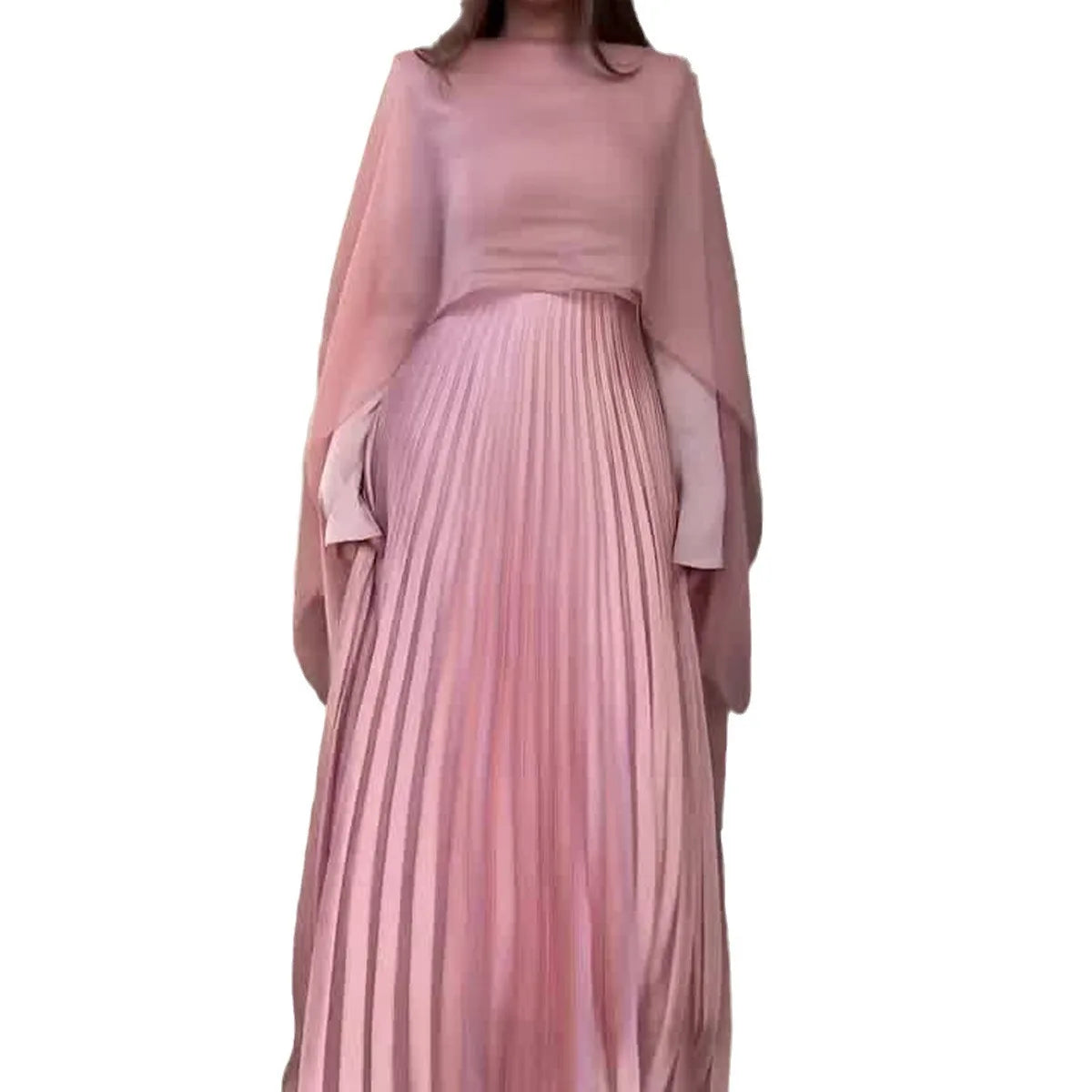 Satin O-neck Long-sleeved Dress for Women Pink Pleated Spring Summer Long Sleeve Muslim Abayas Casual Female Clothing Vestidos