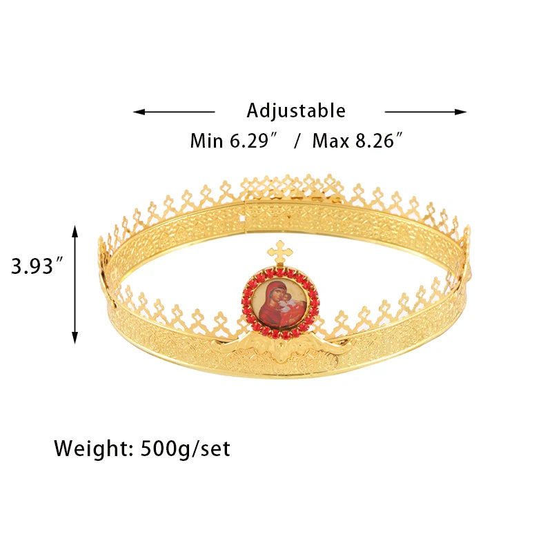 Gold Plated Orthodox Wedding Crown with Virgin Mary Icon for Church Liturgy Marriage Ceremony Christian Religious Gift