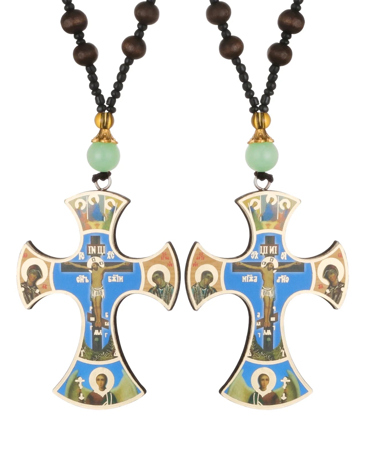 Diyalo Crucifix Jesus Christ Cross Icons Pendant Necklace Orthodox Wooden Beaded Chain Necklace Prayer Car Hanging Decor Jewelry