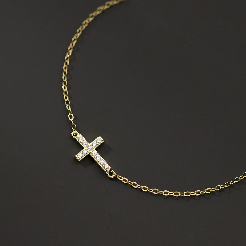 WANTME 925 Sterling Silver Simple Gothic Pave Zircon Cross Chain Bracelet for Women Fashion Statement Gold Party Jewelry Gift