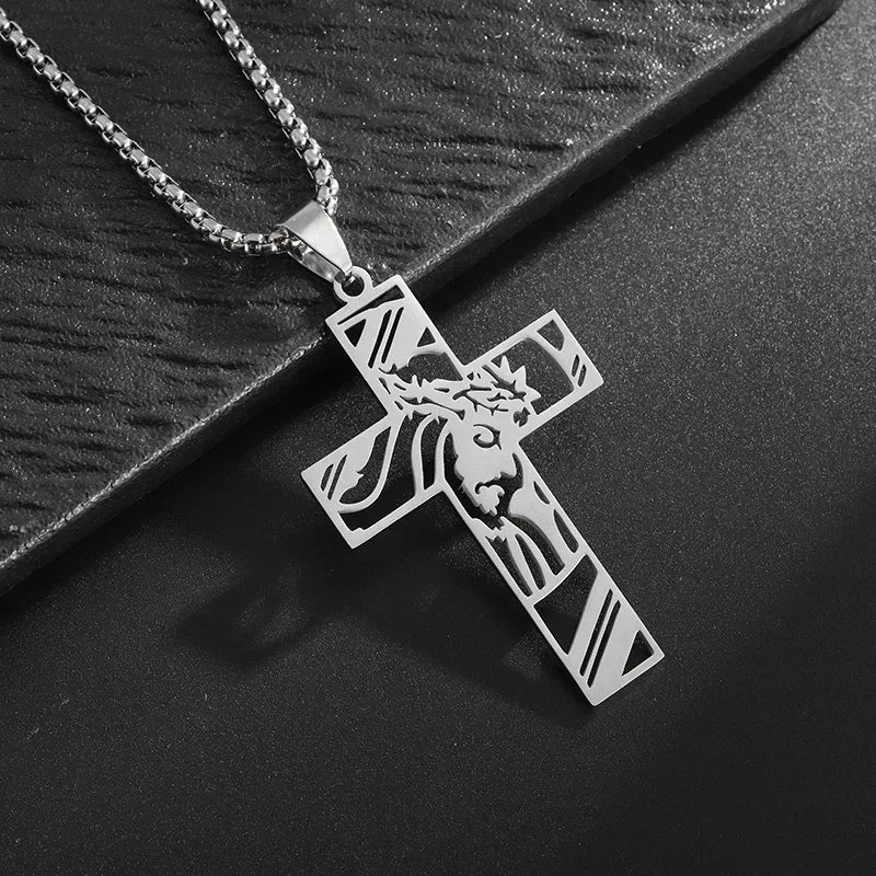 Men and Women New Retro Personality Creative Design Jesus Cross Amulet Pendant Rock Casual Gift Catholic Christian Necklace