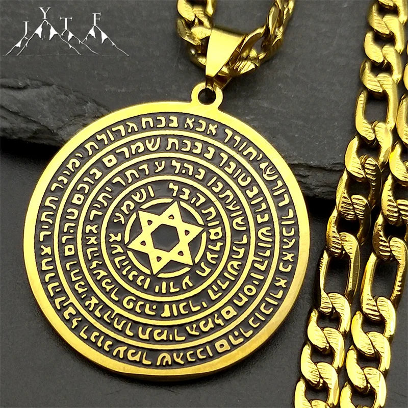 Jewish Bible Stainless Steel Hexagram Pendant Necklace Women Men Gold Color 72 Names Of The God Moses Mezuzah Enamel Jewelry