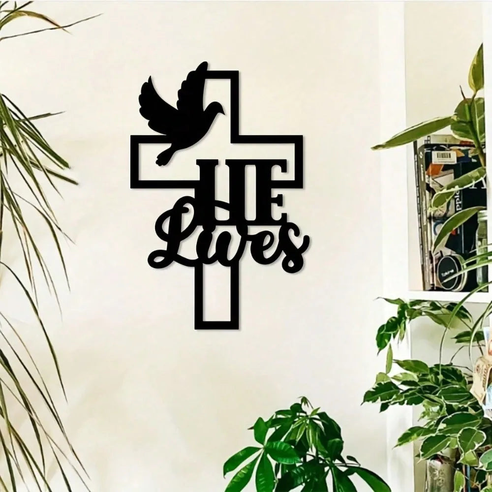 Faith Hope Love Christian Cross Metal Wall Art 15.75in Black Gold Dove Home Decor