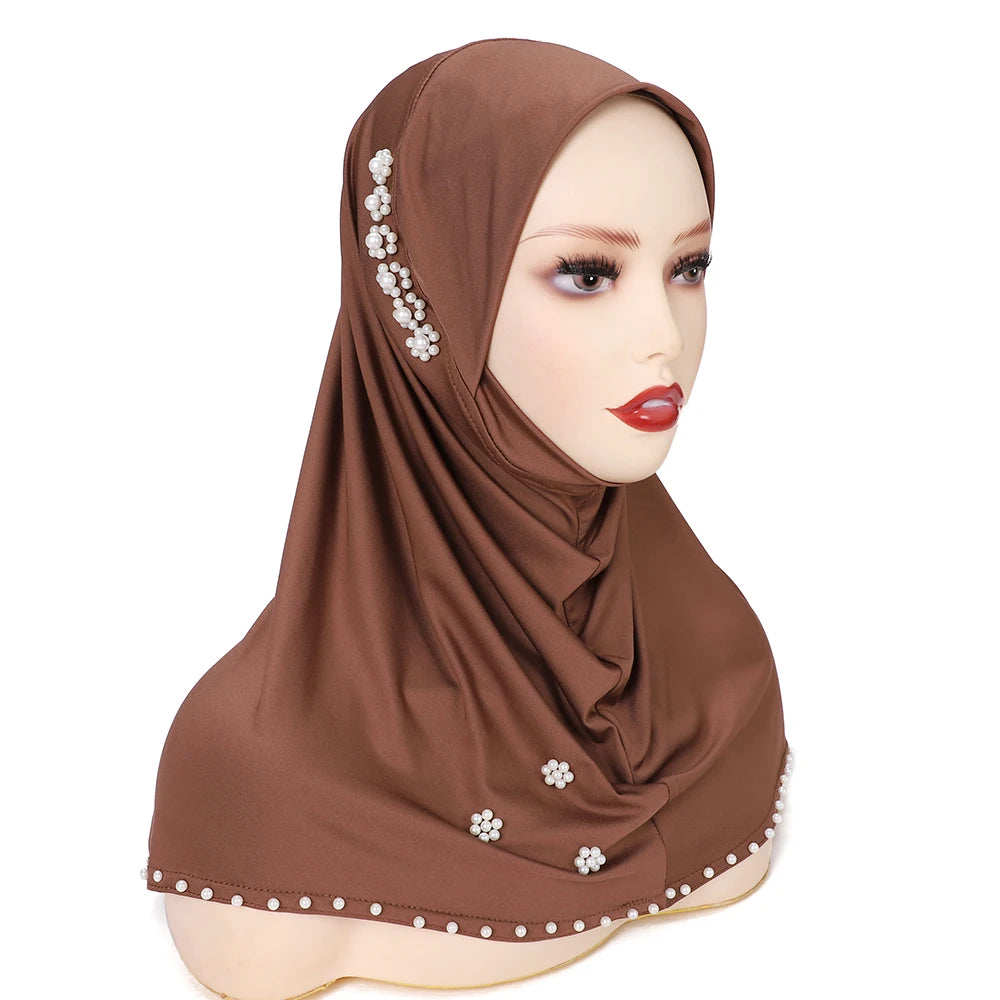 Trendy Muslim Instant Hijab Beads Bonnet Stretch Scarf Islamic Headband Jersey Hijab Headwrap Turbante for Women
