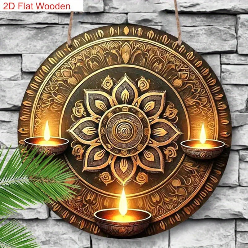 2D Flat One Piece Wooden Traditional Oil Lamp And Artistic Painted Design Happy Diwali Round Sign for Decorating Home Bedroom Li
