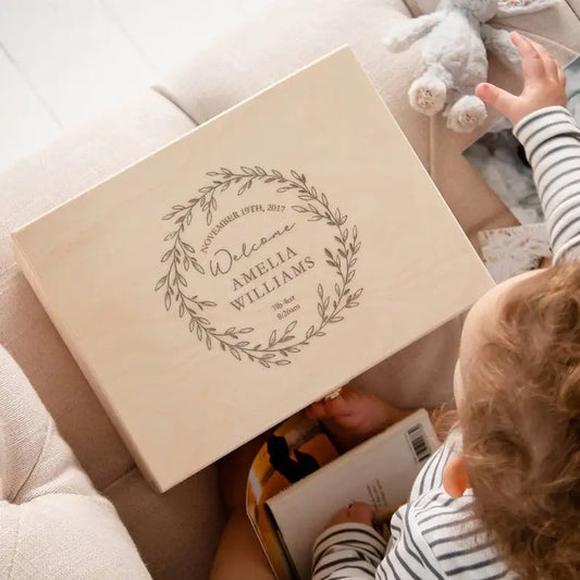 Personalized Wooden Baptism Keepsake Box ,Baptism Gifts For Baby Girl Or Baby Boy, Engraved Memory Box That Pattern With Wreath
