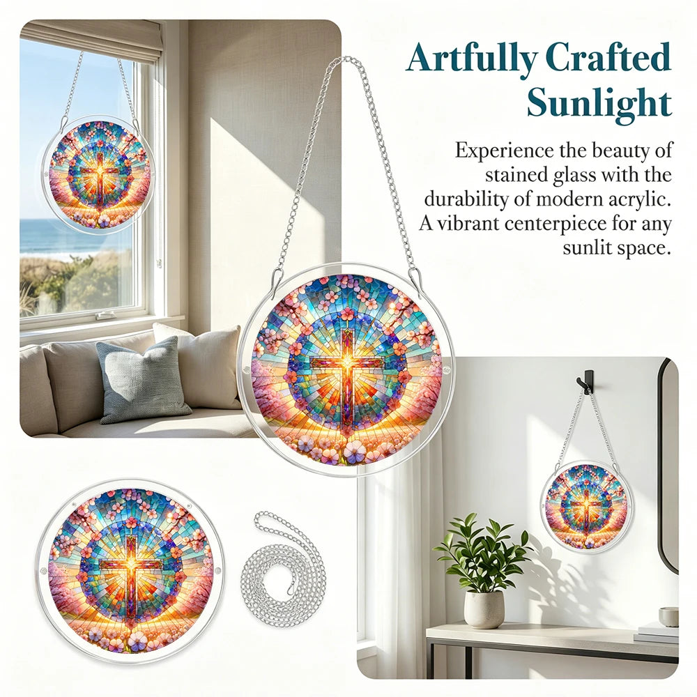 Stained Glass Cross with Flowers Acrylic Puzzle Suncatcher, 18cm/20cm Round Window Hanging