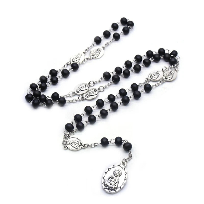 The Seven Bitter Rosary Church Catholic Wood Beads Virgin Pendant Necklace Religious Jewelry Black Red