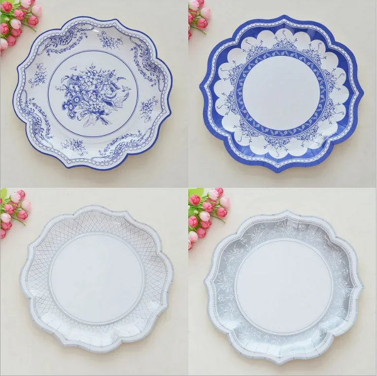 8pcs Chinese Blue White Porcelain Plate Party Decoration Plate Retro Wave Edge Plate Holiday Cake Plate Disposable Paper Plate