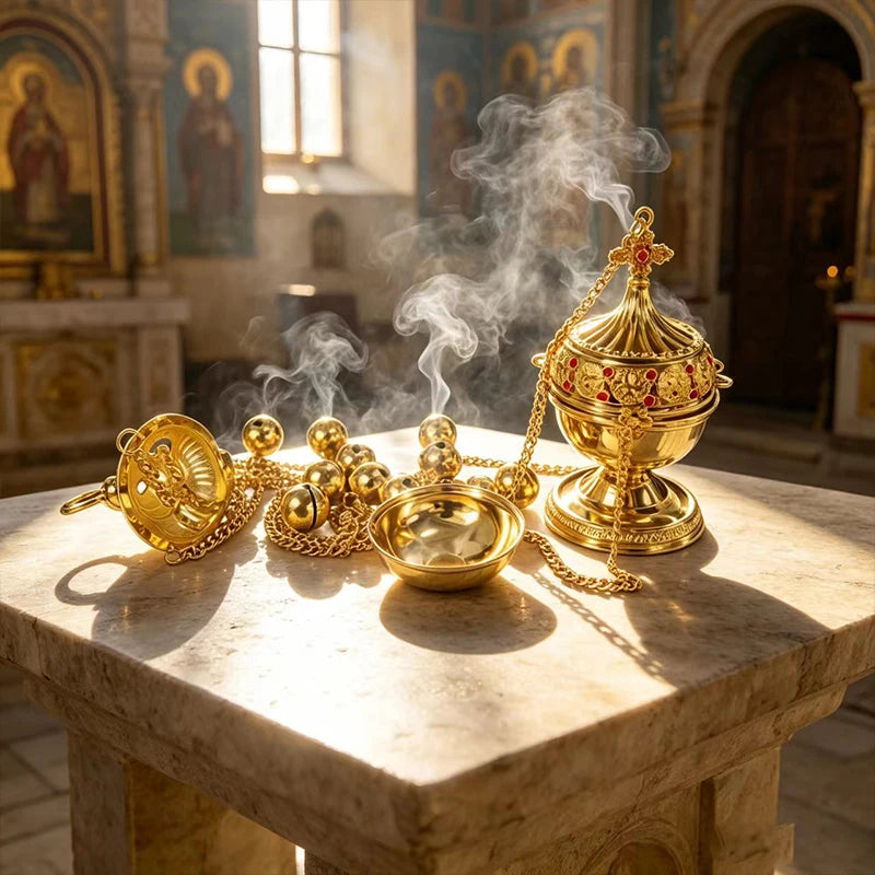 Byzantine Gold Plated Orthodox Hanging Incense Burner with Bells Enamel for Church Liturgy Home Altar Prayer Christian Decor
