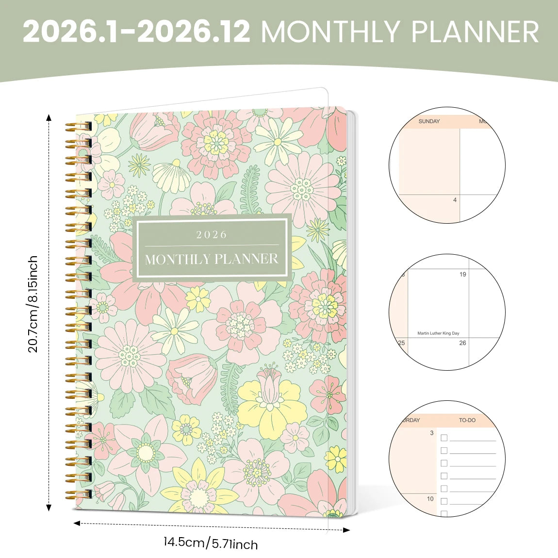 2026 A5 Monthly Planner, Floral Cover,Academic Agenda with Notes&To Do List,Perfect for Productivity,Time Management,Great Gift