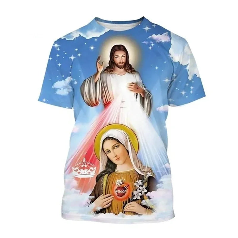 Christian Mother Of God Virgin Mary Jesus Loves Casual Tee Tops Short Sleeve Women's Men Adult and children's clothing Tshirt