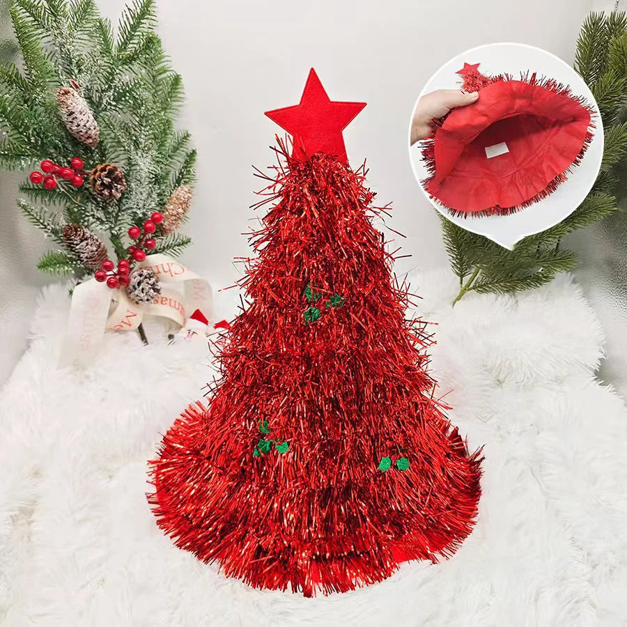 Christmas Tree Hats Fabric Rain Silk Hat for Adults Kids Funny Santa Hat with Tinsel Xmas Holiday Party Costume New Year Decor