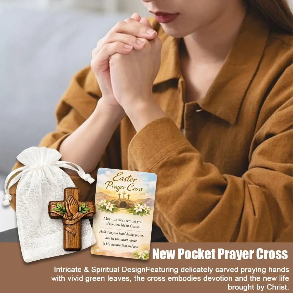 Portable Wooden Prayer Cross Pocket Card with Bag for Easter Christmas Token, Small Pocket Prayer Cross with Card Church Favors