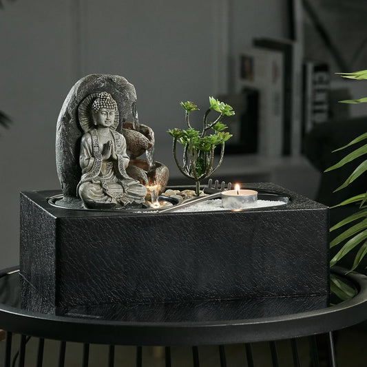 Buddha Zen Table Fountain with LED Light Indoor Buddha Statue Fountain Landscape Succulent Plants Home Decoration