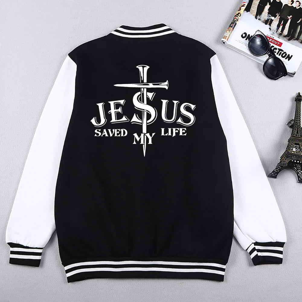 Jesus Saved My Life Letter Graphic Men'S Jackets Preppy Style Baseball Uniforms Casual S-5Xl High Street Motion Clothing