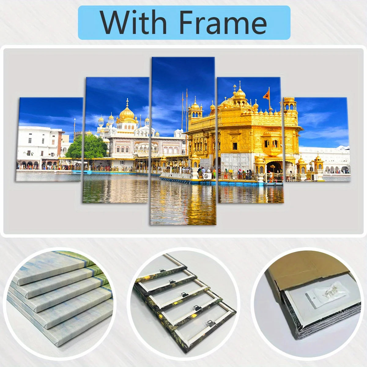 5pcs Framed Amritsar Golden Temple Canvas Art Set Islam Posters DIY Frame Wall Decor for Living Room, Bedroom, Office No frame