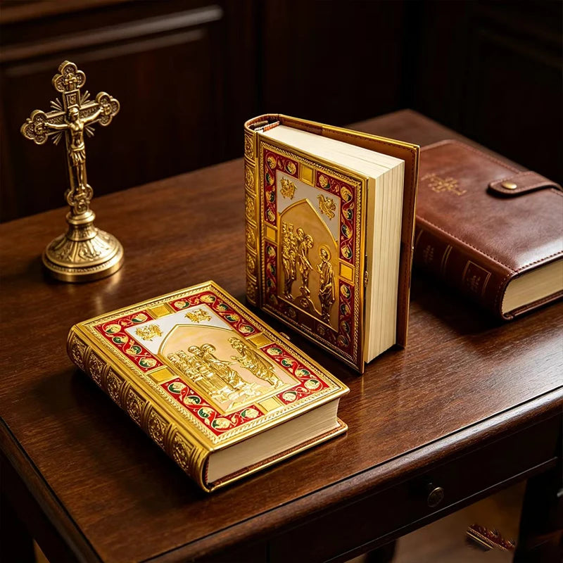 Vintage Gold Plated Orthodox Bible Cover with Enamel Holy Icons for Church Liturgy Home Altar Prayer Devotion Christian Gift Dec