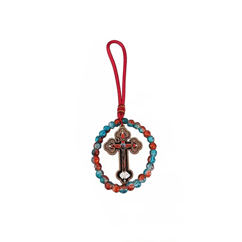 Handcrafted Orthodox Catholic Car Rosary with Clear Glass Beads Crucifix Pendant for Auto Interior Home Altar Christian Gift Dec