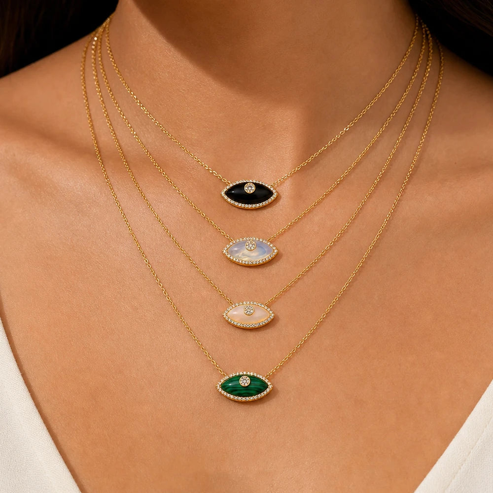 Luxury Natural Stone Evil Eye Pendant Necklace Inlaid Zircon Fashion Stainless Steel Clavicle Chain Jewelry Party Gift for Women