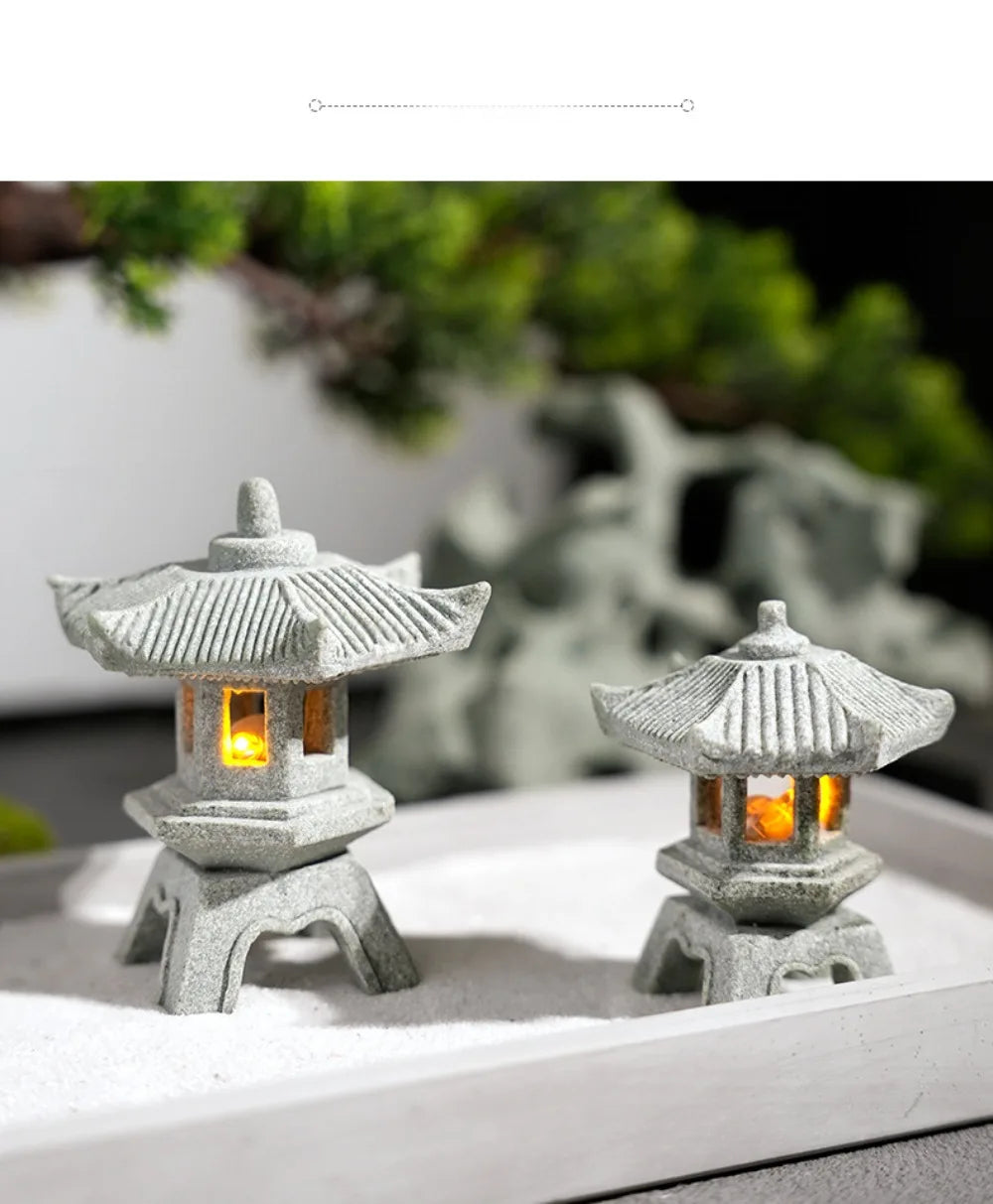New Mini Pagoda Lantern Light Garden Statue Decorative Sand Stone Micro Landscape Lamp Zen Yard Miniature Bonsai