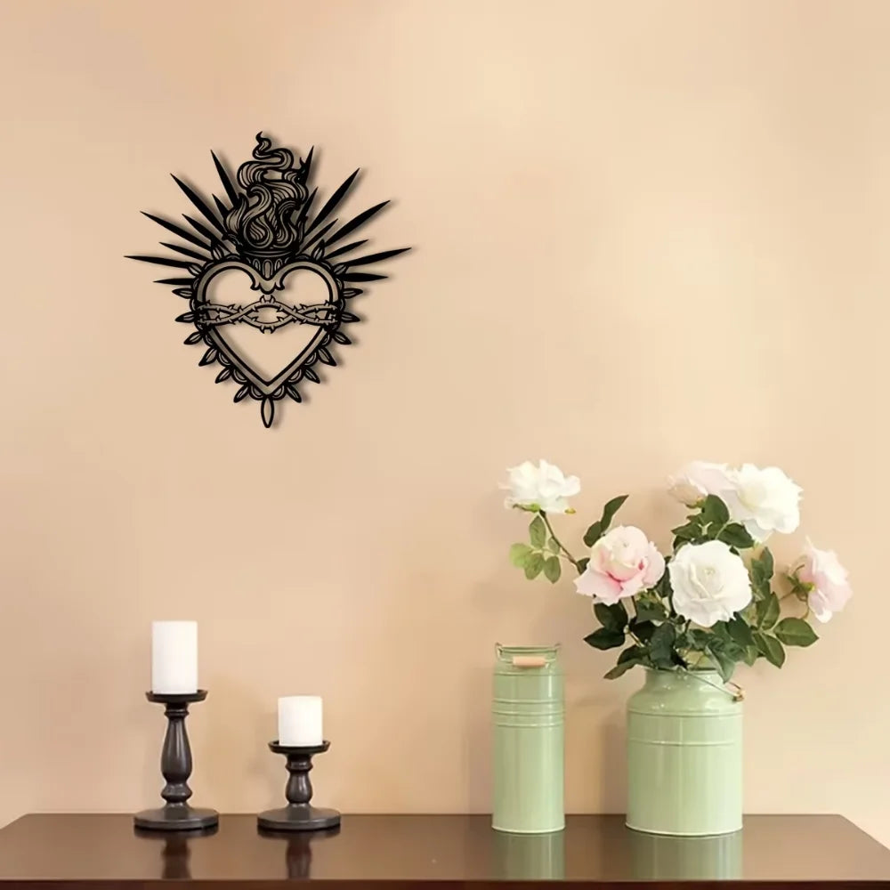 Sacred Heart Metal Wall Art Religious Figure Christ with Sacred Words Verses Decoration for Faith Home Living Room