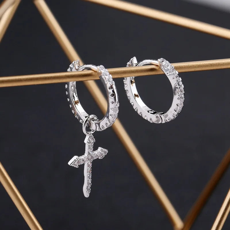 925 Sterling Silver Cross Pendant Asymmetric Hoop Earrings For Women Men Simple Personality New Trend Jewelry Wholesale