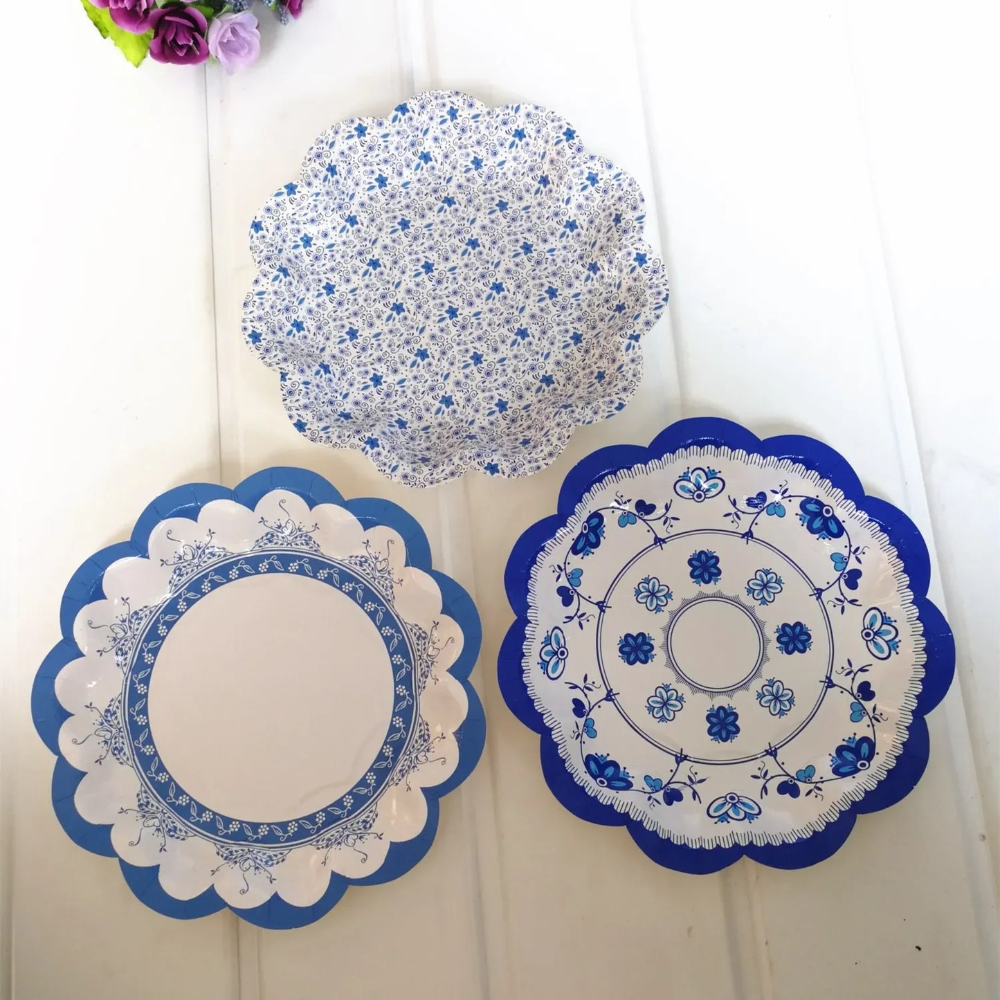 8pcs Chinese Blue White Porcelain Plate Party Decoration Plate Retro Wave Edge Plate Holiday Cake Plate Disposable Paper Plate