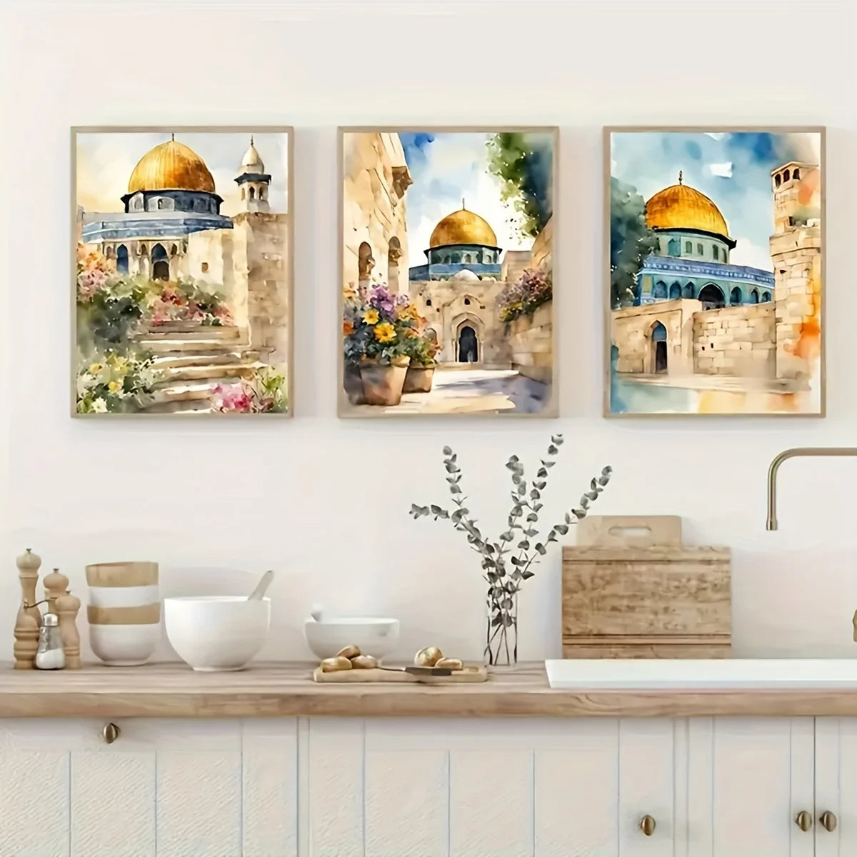 3pcs Al-Aqsa Mosque Canvas Art Prints, Retro Waterproof Unframed Wall Decor for Living Room, Bedroom, Office, Cafe, Bar - Framel