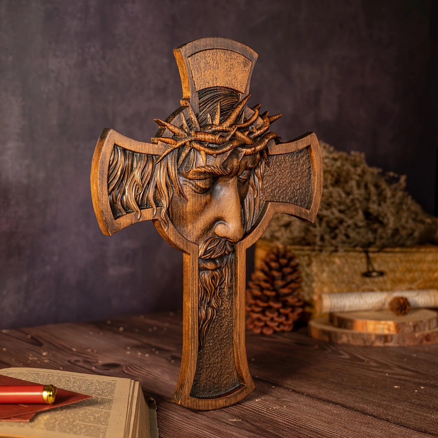 2D Flat Retro Wooden Cross Decoration with Thorn Crown Jesus Christian Statue Wall Hanging for Religious Christmas Room Decor