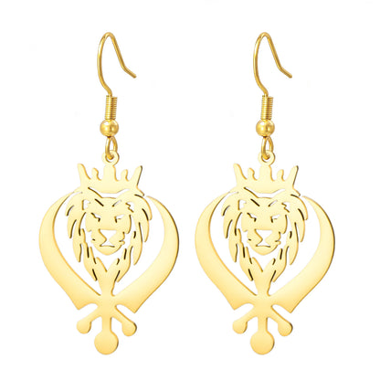 LIKGREAT Lion King Crown Dangle Earrings Sikh Khanda Punjabi Symbol Stainless Steel Jewelry Vintage Gift For Women