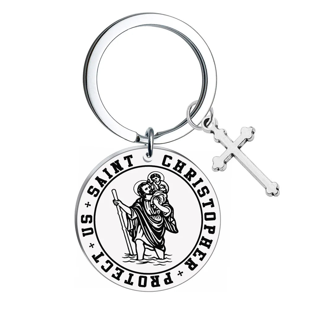 2022 Stainless Steel Saint Christopher protect us Keychain Travel blessing Catholic Cross Keychain
