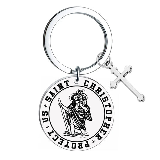 2022 Stainless Steel Saint Christopher protect us Keychain Travel blessing Catholic Cross Keychain