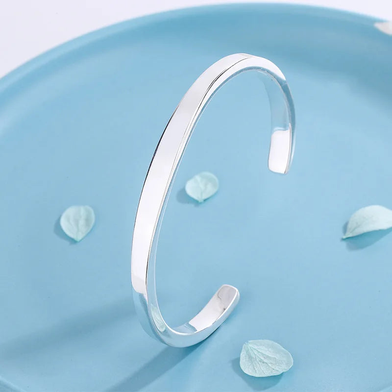 Sole Memory Simple Smooth Shiny 925 Sterling Silver Resizable Opening Bracelet For Women Luxury Jewelry Gift BR349