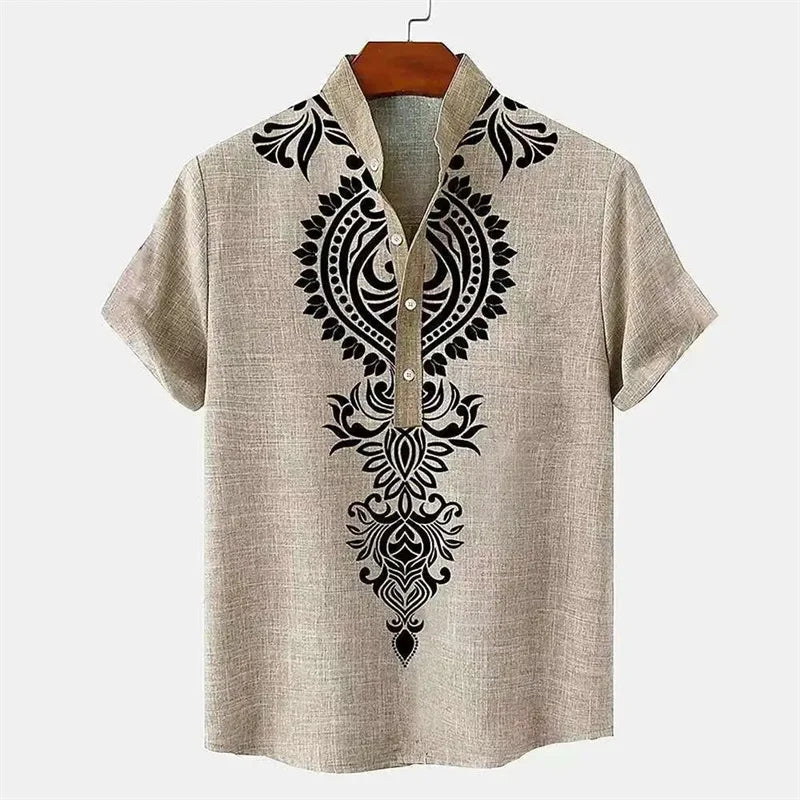 Men's shirt ethnic style 3D printing henley shirt, men's fashion button down collar short sleeve, high quality men's tops