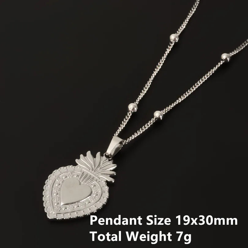 1Pc Religious Christian Catholic Sacred Heart Pendant Necklaces Stanless Steel Gothic Moth Textured Love Collares Jewelry