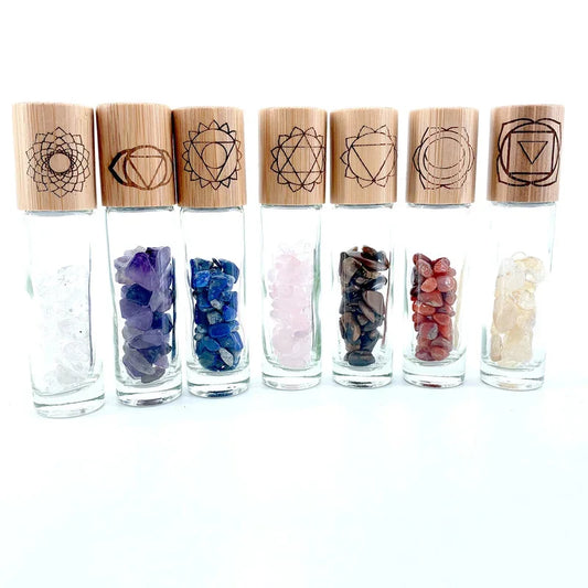 Chakra Stones Reiki Healing Crystal Roller Bottle with Engraved Chakra Symbols Bamboo Cap Balancing Stones 7 pcs P305