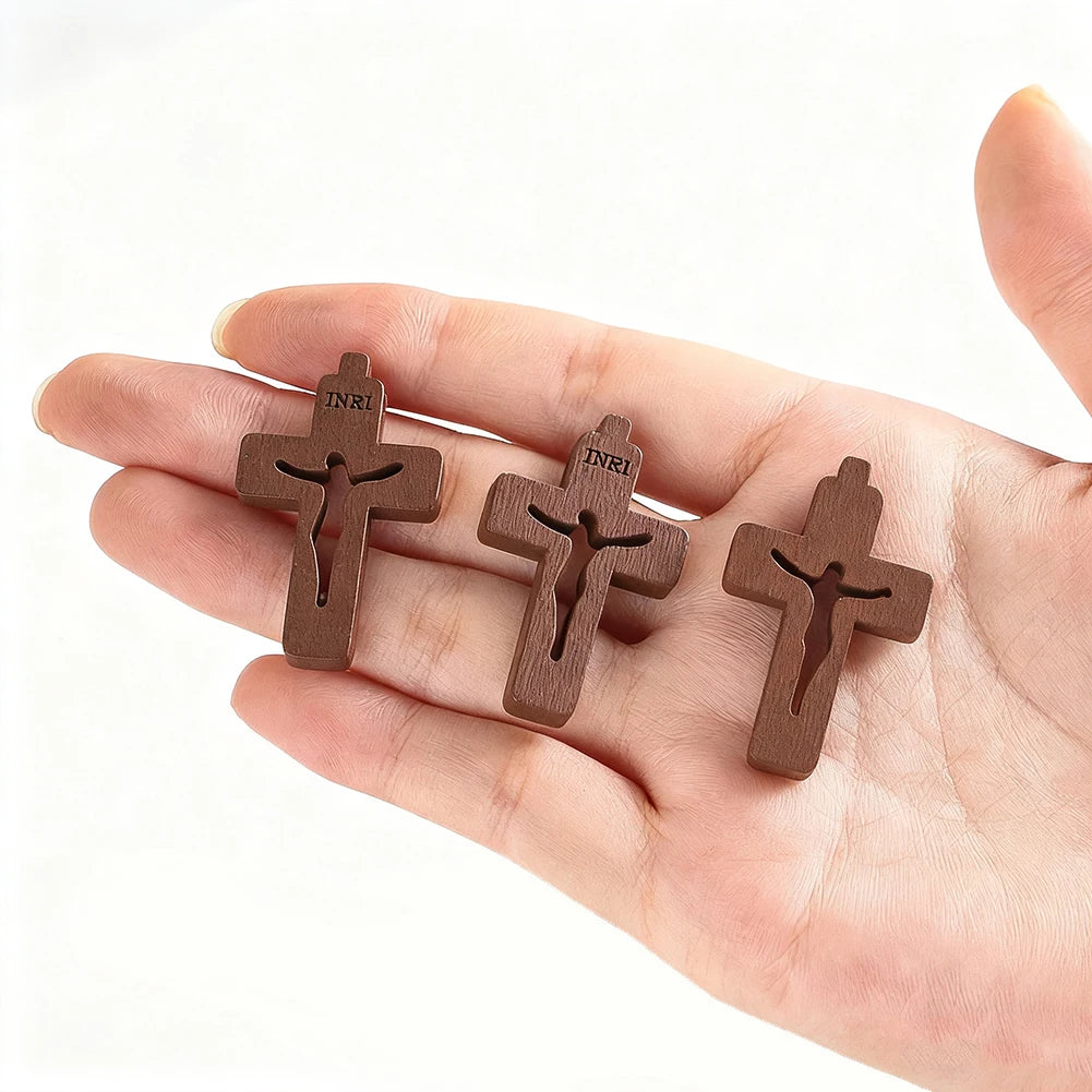 10pcs Mini Wooden Crosses Pendants INRI Jesus Crucifix Prayer Cross Christian Easter Decor Baptism Gift DIY Jewelry Keychain