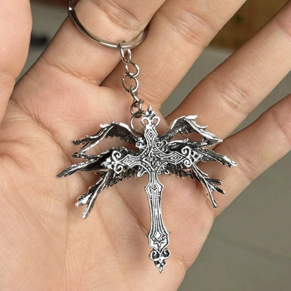 New Retro Six Winged Angel Cross Pendant Necklace keychain European American Unique Exaggerated Fashion Accessory Wholesale