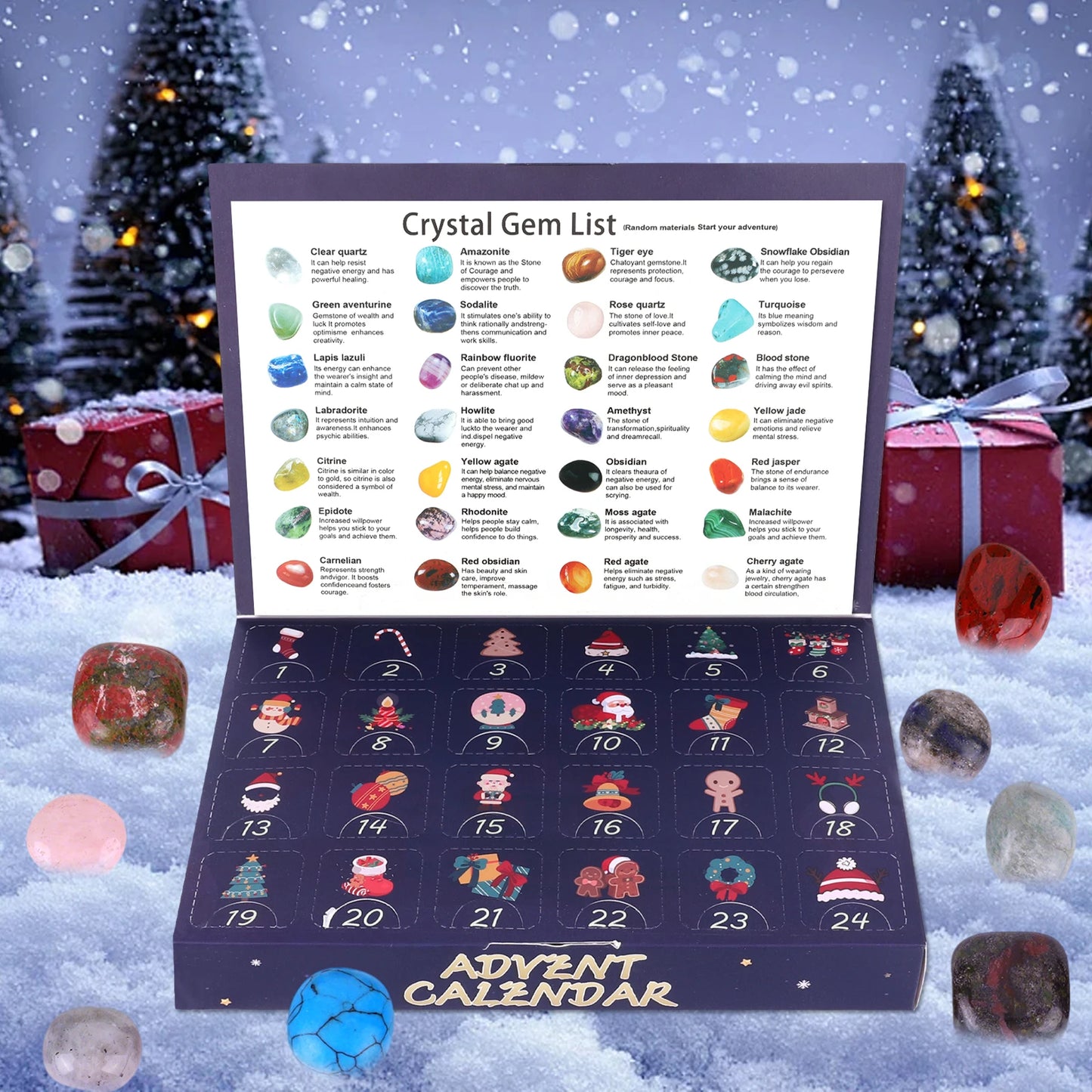 Christmas Advent Calendar Multi-Purpose 24 Grid Ore Crystal Gemstone Box Natural Healing Stone Calendar Christmas Countdown Gift